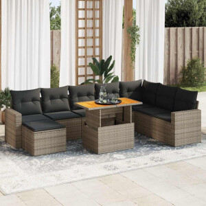 vidaXL 9-delige Loungeset met kussens poly rattan grijs