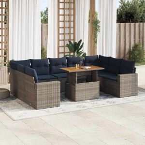 vidaXL 10-delige Loungeset met kussens poly rattan grijs