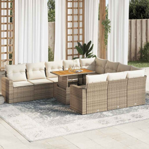 vidaXL 11-delige Tuinset met kussens poly rattan beige