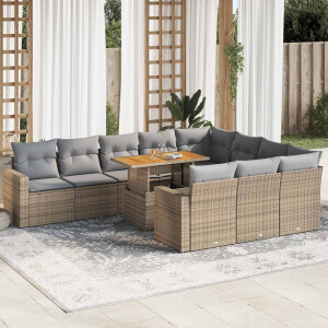 vidaXL 11-delige Tuinset met kussens poly rattan beige