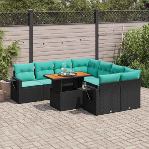 vidaXL 9-delige Loungeset met kussens poly rattan zwart