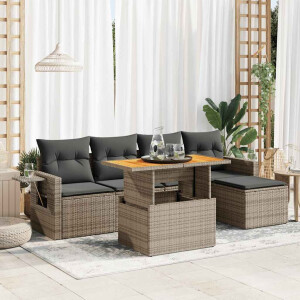 vidaXL 6-delige Loungeset met kussens poly rattan grijs