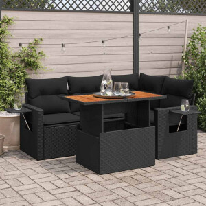 vidaXL 5-delige Loungeset met kussens poly rattan zwart