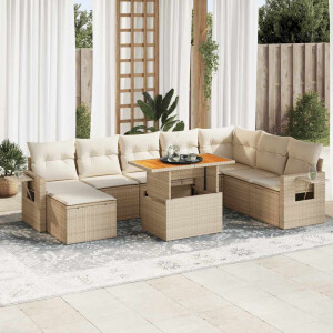 vidaXL 9-delige Loungeset met kussens poly rattan beige