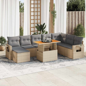 vidaXL 9-delige Loungeset met kussens poly rattan beige