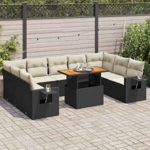 vidaXL 10-delige Loungeset met kussens poly rattan zwart