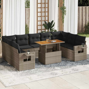 vidaXL 10-delige Loungeset met kussens poly rattan grijs