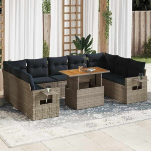 vidaXL 10-delige Loungeset met kussens poly rattan grijs