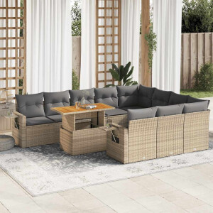 vidaXL 11-delige Tuinset met kussens poly rattan beige