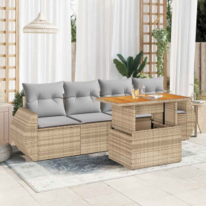 vidaXL 5-delige Loungeset met kussens poly rattan beige