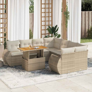 vidaXL 9-delige Loungeset met kussens poly rattan beige