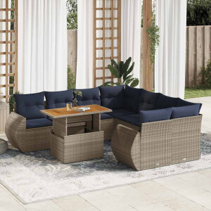 vidaXL 9-delige Loungeset met kussens poly rattan grijs