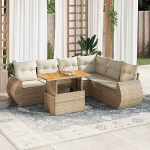 vidaXL 7-delige Loungeset met kussens poly rattan beige