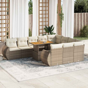 vidaXL 11-delige Tuinset met kussens poly rattan beige