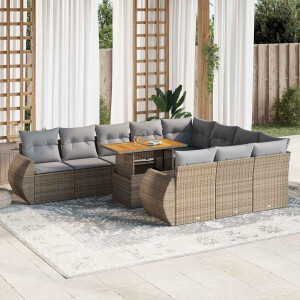 vidaXL 11-delige Tuinset met kussens poly rattan beige