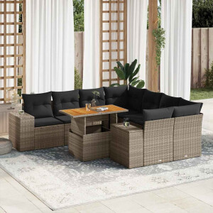 vidaXL 9-delige Loungeset met kussens poly rattan grijs