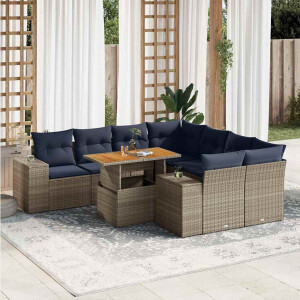 vidaXL 9-delige Loungeset met kussens poly rattan grijs