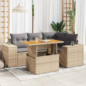 vidaXL 5-delige Loungeset met kussens poly rattan beige