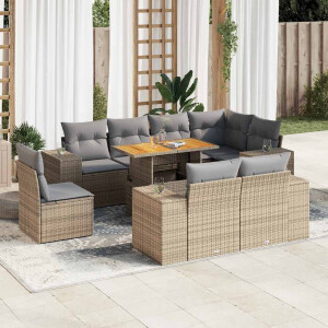 vidaXL 9-delige Loungeset met kussens poly rattan beige