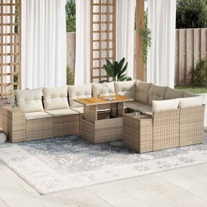 vidaXL 10-delige Loungeset met kussens poly rattan acacia beige