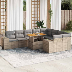 vidaXL 10-delige Loungeset met kussens poly rattan acacia beige
