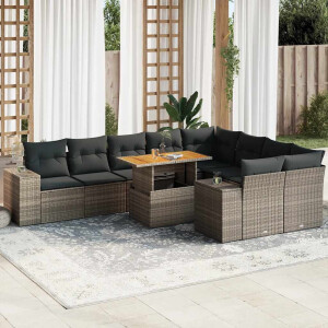 vidaXL 10-delige Loungeset met kussens poly rattan acacia grijs