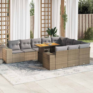 vidaXL 10-delige Loungeset met kussens poly rattan acacia beige