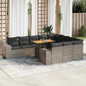 vidaXL 10-delige Loungeset met kussens poly rattan acacia grijs