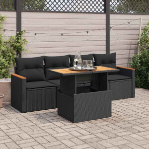 vidaXL 5-delige Loungeset met kussens poly rattan acacia zwart