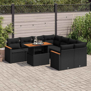 vidaXL 9-delige Loungeset met kussens poly rattan acacia zwart