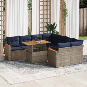 vidaXL 9-delige Loungeset met kussens poly rattan grijs