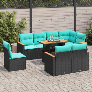 vidaXL 9-delige Loungeset met kussens poly rattan zwart