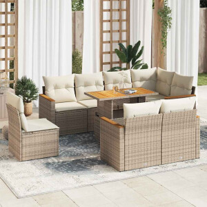 vidaXL 9-delige Loungeset met kussens poly rattan acacia beige