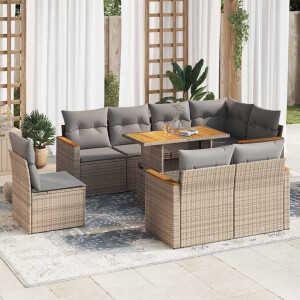 vidaXL 9-delige Loungeset met kussens poly rattan acacia beige