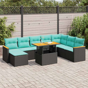 vidaXL 9-delige Loungeset met kussens poly rattan zwart