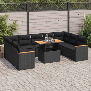 vidaXL 10-delige Loungeset met kussens poly rattan acacia zwart