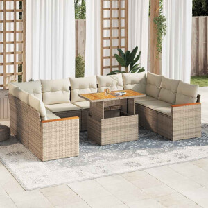 vidaXL 10-delige Loungeset met kussens poly rattan acacia beige