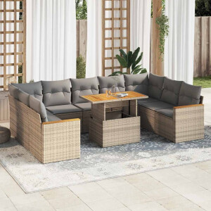 vidaXL 10-delige Loungeset met kussens poly rattan acacia beige