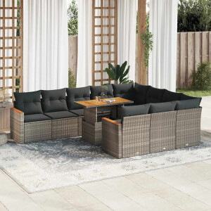 vidaXL 11-delige Loungeset met kussens poly rattan acacia grijs