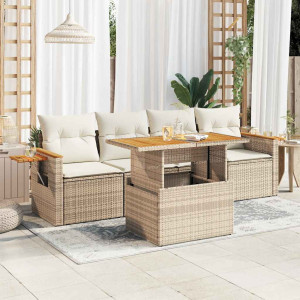 vidaXL 5-delige Loungeset met kussens poly rattan en acaciahout beige