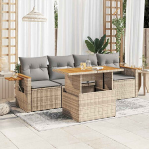 vidaXL 5-delige Loungeset met kussens poly rattan en acaciahout beige