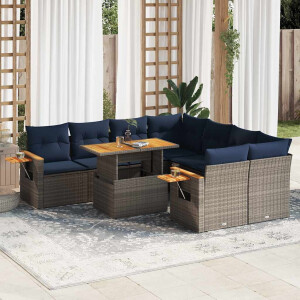 vidaXL 9-delige Loungeset met kussens poly rattan grijs