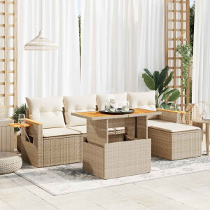 vidaXL 6-delige Loungeset met kussens poly rattan acacia beige