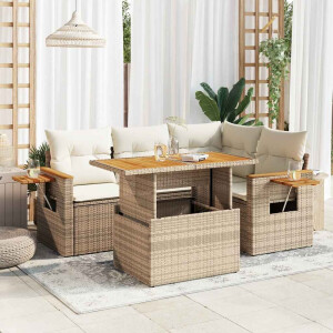 vidaXL 5-delige Loungeset met kussens poly rattan en acaciahout beige