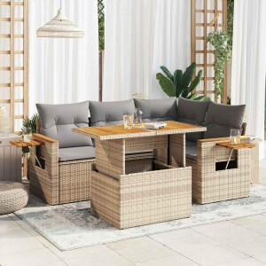 vidaXL 5-delige Loungeset met kussens poly rattan en acaciahout beige