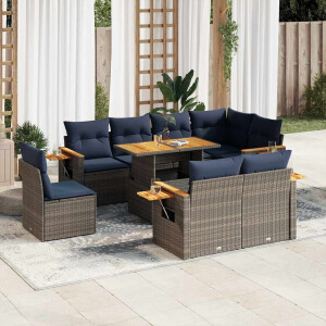 vidaXL 9-delige Loungeset met kussens poly rattan acacia grijs