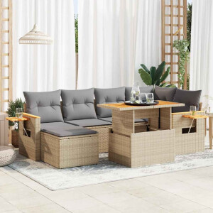 vidaXL 7-delige Loungeset met kussens poly rattan acacia beige