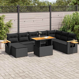 vidaXL 9-delige Loungeset met kussens poly rattan acacia zwart