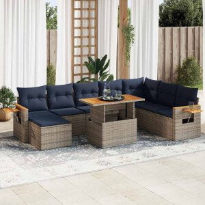 vidaXL 10-delige Loungeset met kussens poly rattan acacia grijs