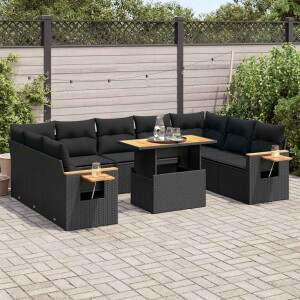 vidaXL 10-delige Loungeset met kussens poly rattan acacia zwart